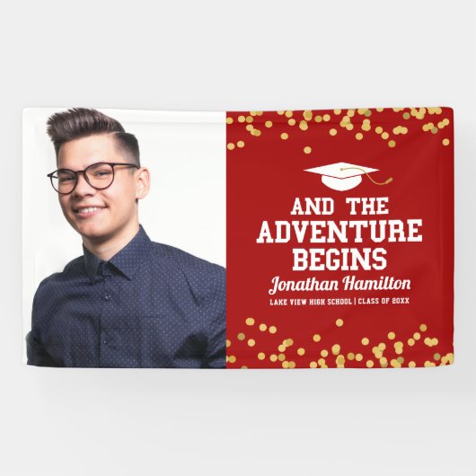 Das Abenteuer beginnt mit dem Red Gold Grad Party  Banner (Horizontal)
