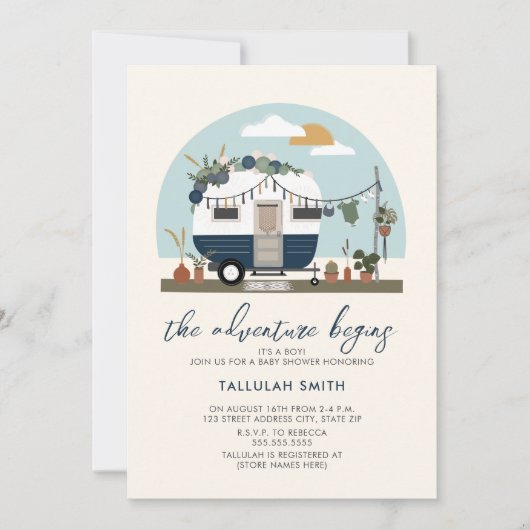 Das Abenteuer beginnt mit der Boho Blue Camper Bab Einladung (Vorderseite)
