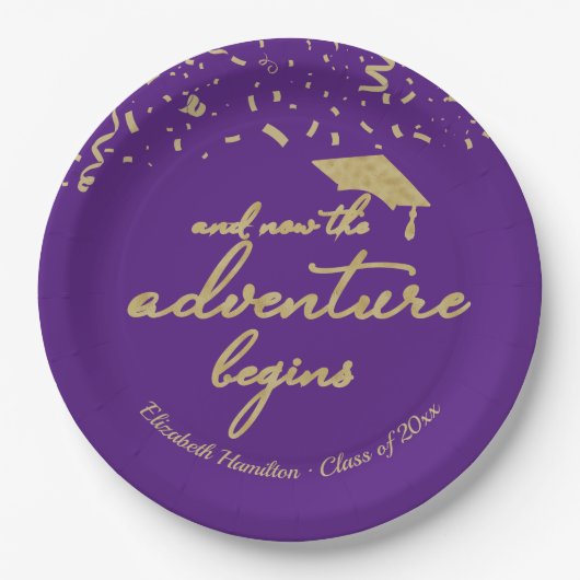Das Abenteuer beginnt mit der Gold Foil Graduation Pappteller (Vorderseite)