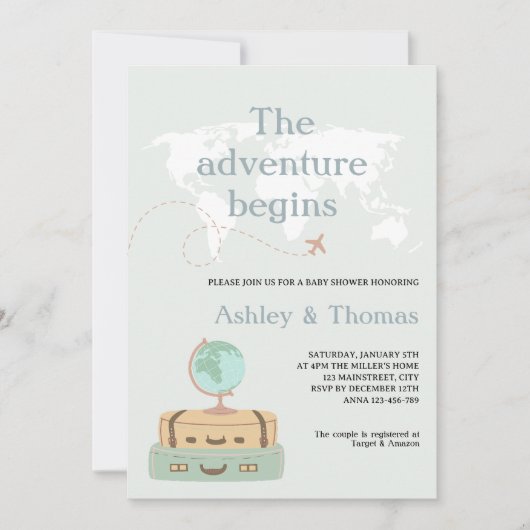 Das Abenteuer beginnt mit der World Map Travel Bab Einladung (Vorderseite)