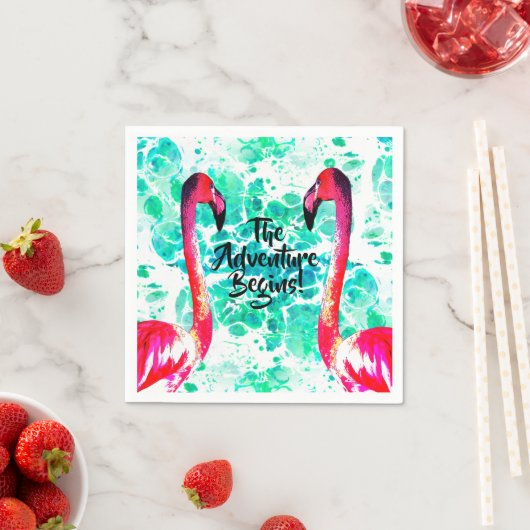 Das Abenteuer beginnt, rosa Flamingos Serviette (Beispiel)