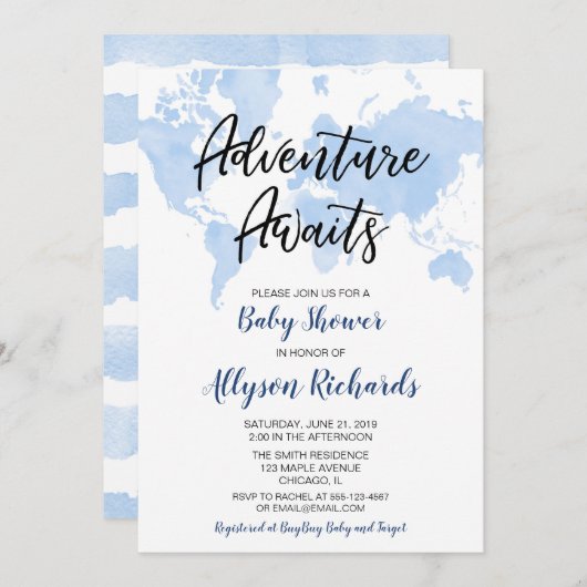 Das Abenteuer der Weltkarte erwartet die Baby-Dusc Einladung (Vorne/Hinten)