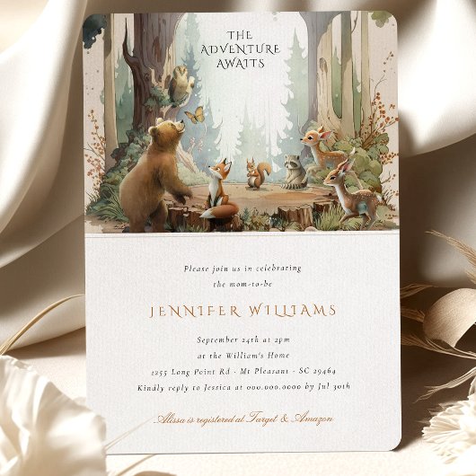 Das Abenteuer erwartet die Woodland Baby Dusche Einladung