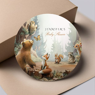Das Abenteuer erwartet die Woodland Baby Dusche Runder Aufkleber