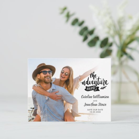 Das Abenteuer fängt an Hochzeitssache Das Foto Dat Postkarte (Stehend Vorderseite)
