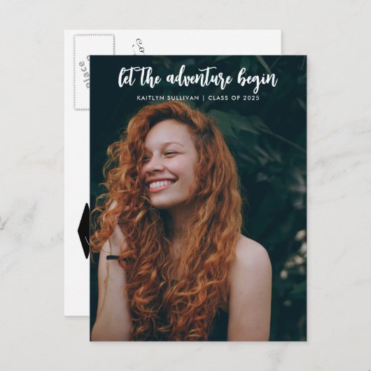 Das Abenteuer lasse Script Modern | Absolvent Ankündigungspostkarte (Vorne/Hinten)