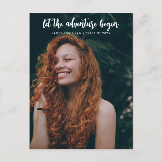 Das Abenteuer lasse Script Modern | Absolvent Ankündigungspostkarte (Vorderseite)