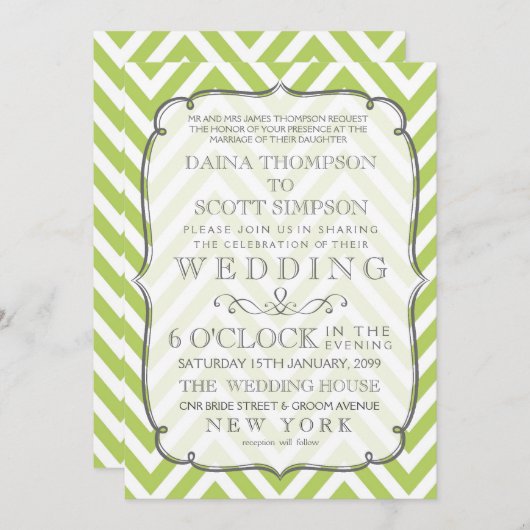 Das Angebot schießt Limone grüne Zickzack Streifen Einladung (Vorne/Hinten)