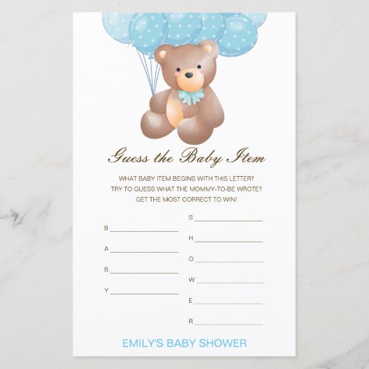 Das Baby Item Shower Game kann bestellt werden (Vorderseite)