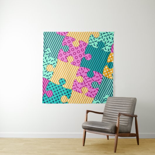 Das Banner mit geometrischen Rätsel, Memphis-Backg Wandteppich (Beispiel)