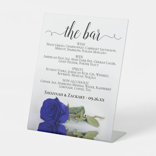 Das Bar - Royal Blue Rose Drinks Menu Wedding Sockelschild (Vorderseite)