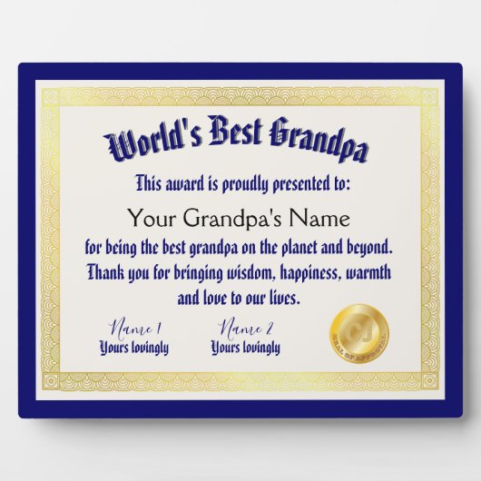 Das beste Grandpa-Zertifikat der modernen Funny Wo Fotoplatte (Vorderseite)