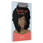 Das Beste ist noch zu kommen, schwarze Frau, blau Klemmbrett (Rechts)