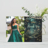 Das bezaubernde Forest Emerald Green Quinceañera F Dankeskarte (Stehend Vorderseite)