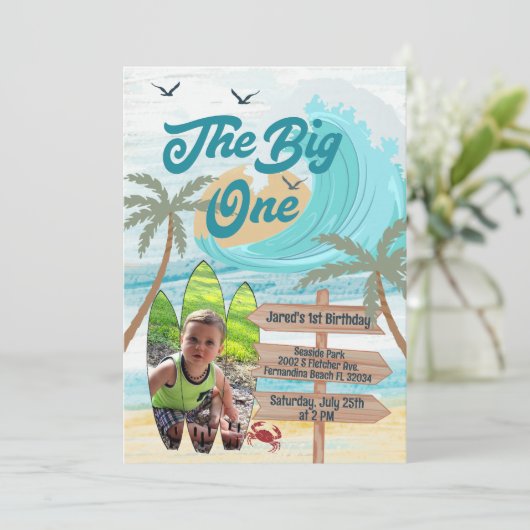 Das Big One Surf Custom Foto Big Wave Surfboard Einladung (Stehend Vorderseite)