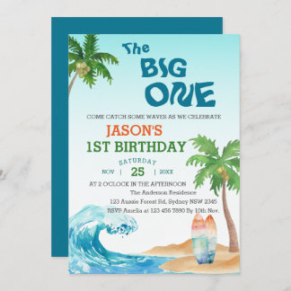 Das Big One Watercolor Beach Surf am 1. Geburtstag Einladung