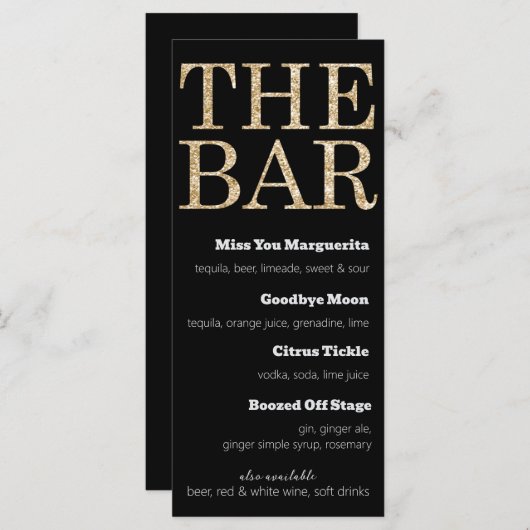 Das Black and Gold Glitzer Drink Menu für den Bar Menükarte (Vorne/Hinten)