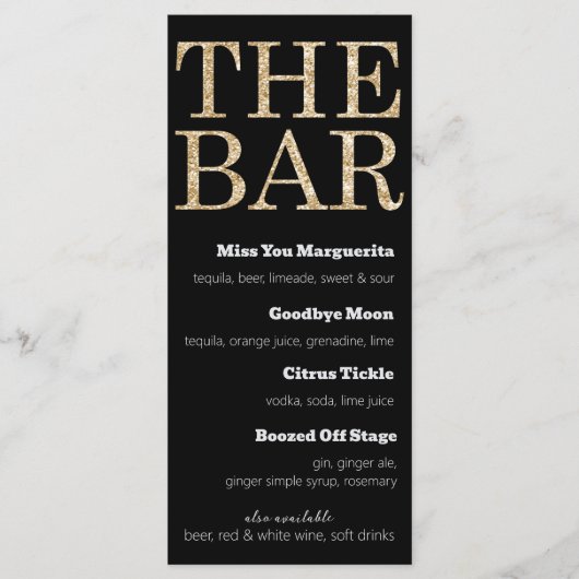 Das Black and Gold Glitzer Drink Menu für den Bar Menükarte (Vorderseite)