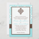 Das blaue Aqua, weißer Damast mit Brown DRUCKTE Einladung (Rückseite)