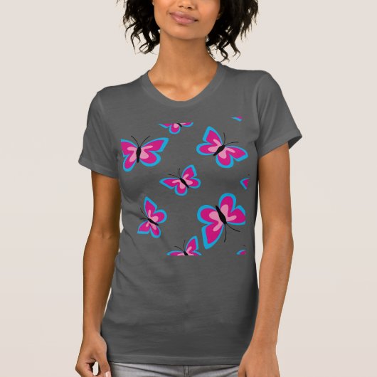 Das blaue Grenz-rosa Schmetterlingsmuster T-Shirt (Vorderseite)