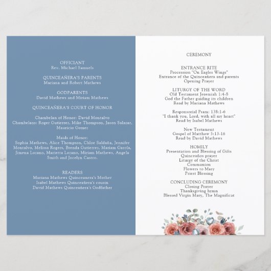 Das blaue Quinceanera-Programm mit Blütenblättern (Rückseite)