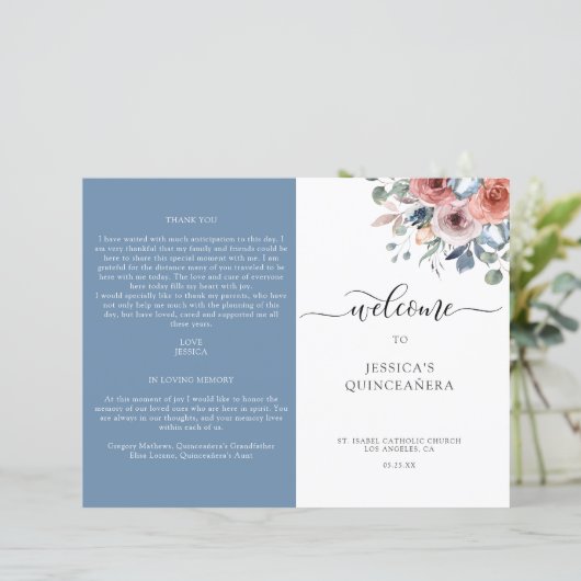 Das blaue Quinceanera-Programm mit Blütenblättern (Stehend Vorderseite)