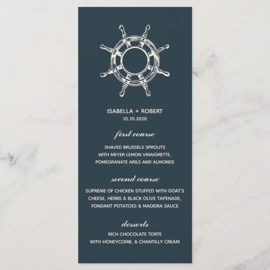 Das blaue Schiffsrad | Nautical Wedding Menu Menükarte (Vorderseite)