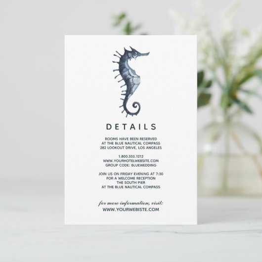 Das blaue Seepferd | Angaben zum Hochzeitgast Einladung (Stehend Vorderseite)