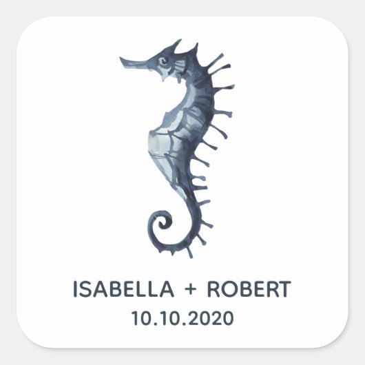 Das blaue Seepferd | Hochzeitsmonogramm Quadratischer Aufkleber (Vorderseite)