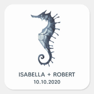 Das blaue Seepferd   Hochzeitsmonogramm Quadratischer Aufkleber