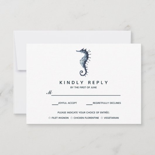 Das blaue Seepferd | Hochzeitsrabatt mit Essenswah RSVP Karte (Vorderseite)