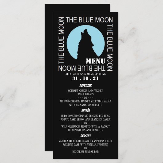Das "Blue Moon", das "Halloween-Party Menu" Menükarte (Vorne/Hinten)