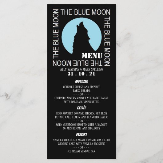 Das "Blue Moon", das "Halloween-Party Menu" Menükarte (Vorderseite)