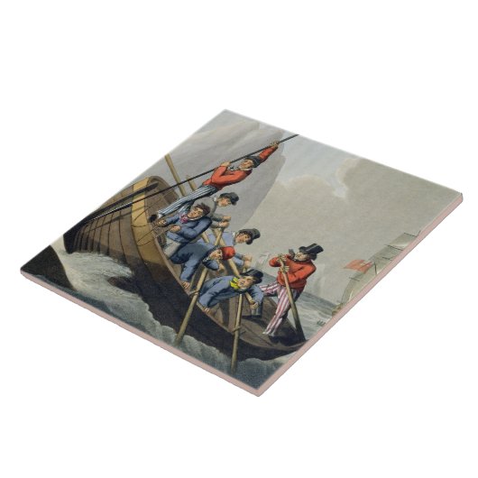 Das Boot eines Schiffs, das einen Wal, graviert Fliese (Seite)