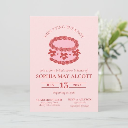 Das Brautparty der Knot Coquette Cherry Cake Einladung (Stehend Vorderseite)