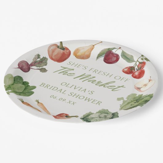 Das Brautparty des Marktes für die Bauern frisch v Pappteller (Schrägansicht)