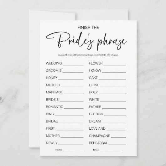 Das Brides Phrase Brautparty Spiel beenden Einladung (Vorderseite)