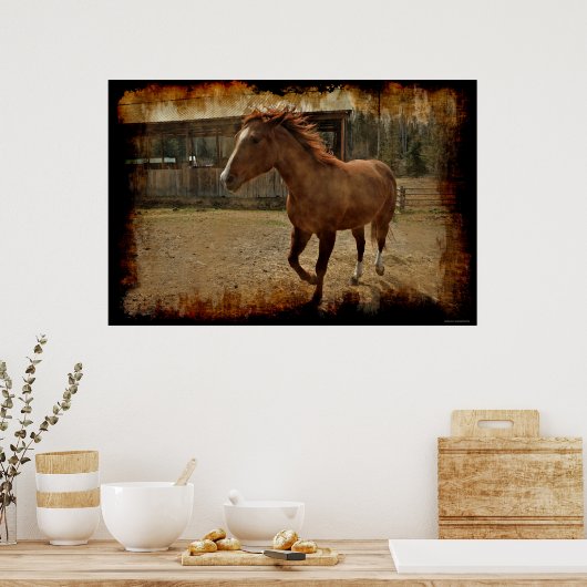 Das Cantering Sorrel Pferd kommt Zuhause zum Stall Poster (Küche)