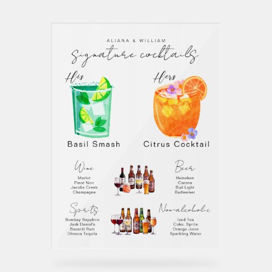 Das Cocktailmenü mit seiner und ihrer Wasserfarbe Acrylschild (Vorderseite)