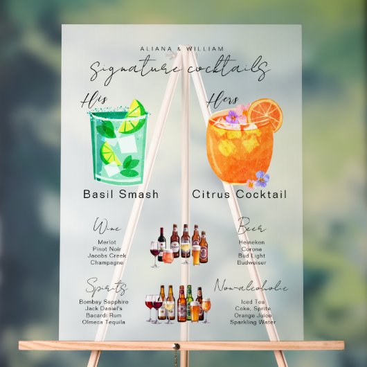 Das Cocktailmenü mit seiner und ihrer Wasserfarbe Acrylschild (Neutral)