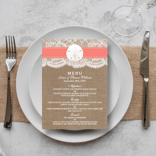 Das Coral Sand Dollar Wedding Menü Menükarte