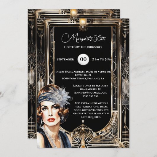 Das Deko-Thema des großen Gatsby-Flappers der 20er Einladung (Vorne/Hinten)