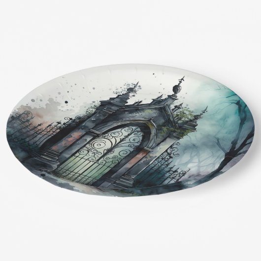 Das Design der gotischen Friedhof Gate Serie 11 Pappteller (Schrägansicht)