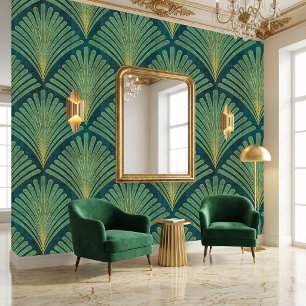 Das Design des Green und Gold Palm Leaf Art Deco D Tapete