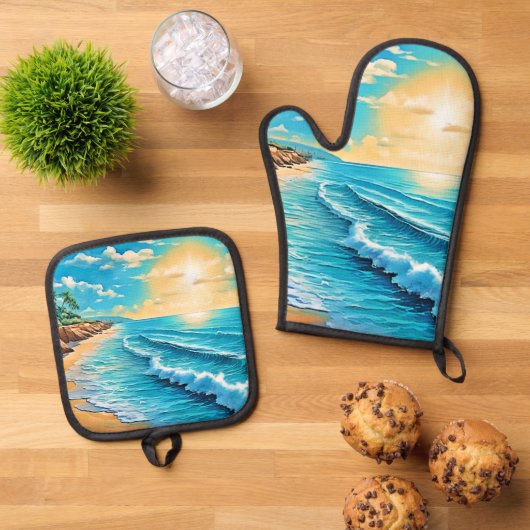 Das Design des Sunlit Beach Waves Ofenhandschuh & Topflappen-Set (Oben Unten)
