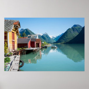 Das Dorf Fjærland, Fjord in Norwegen Poster