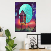 Das Dorf und der blaue Mond | AI Art Poster (Heimbüro)