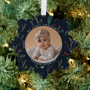 Das einfache botanische Baby's First Christmas Fot Ornament Karte