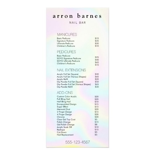 Das einfache Menü "Iridescent Salon Price List Ser (Vorne)