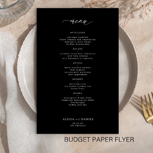 Das einfache Schwarz-Weiß-Hochzeitsmenü Flyer